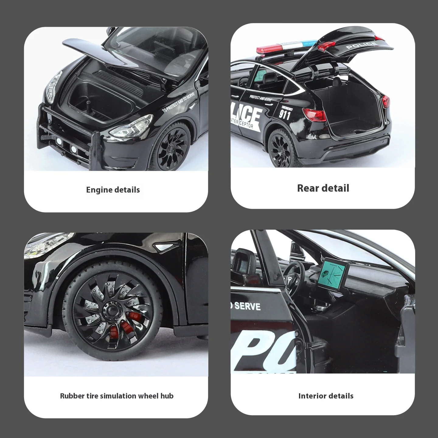 1:24 합금 경찰차 모델 Y 모델, 멋진 사운드와 조명, 절묘한 테이블 장식품, 자동차 모델 애호가를 위한 최고의 컬렉션