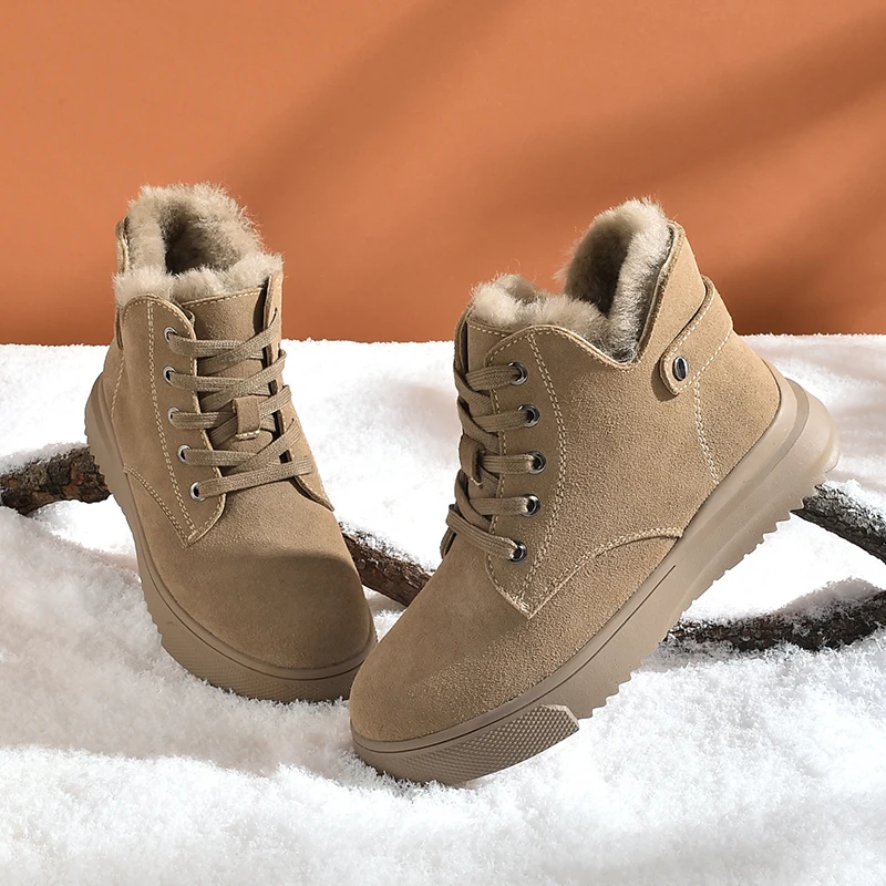 BEAUTODAY Ankle Boots Women Cow Suede Cross Tied Design Side Zipper Round Toe Winter Warm Wool Ladies Shoes Handmade 08223