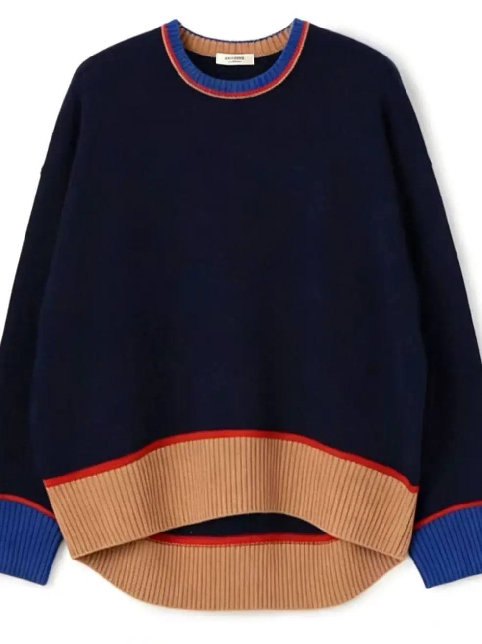 High-End Color Block  round Neck Knitted Sweater Lazy Style Arc Bottom Drop Shoulder Overhead Knitted Top Women's Fashion