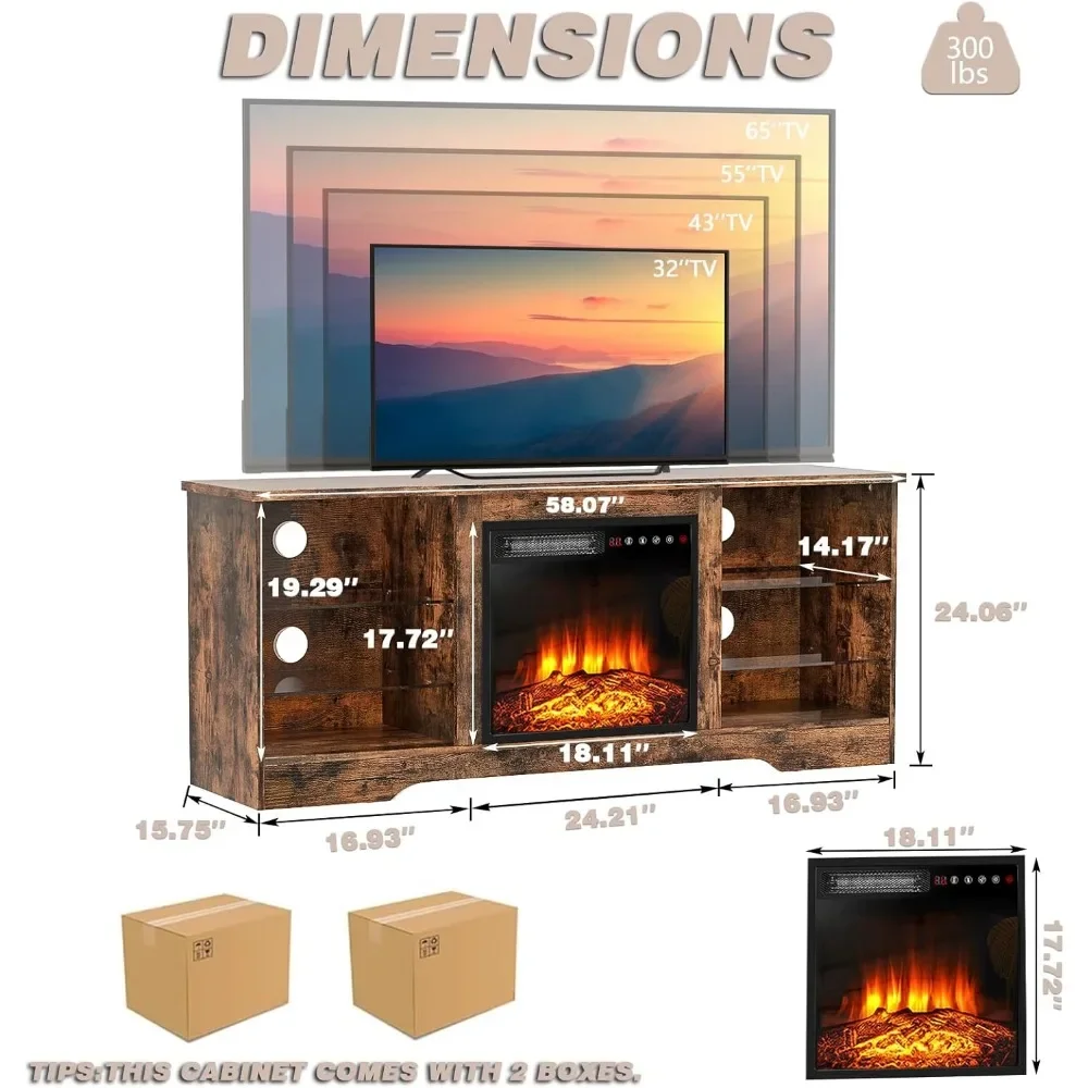 Suporte de TV com lareira de 58 polegadas para TVs de até 65 polegadas Console com lareira elétrica de 18 '' e controle remoto, entrada moderna de madeira