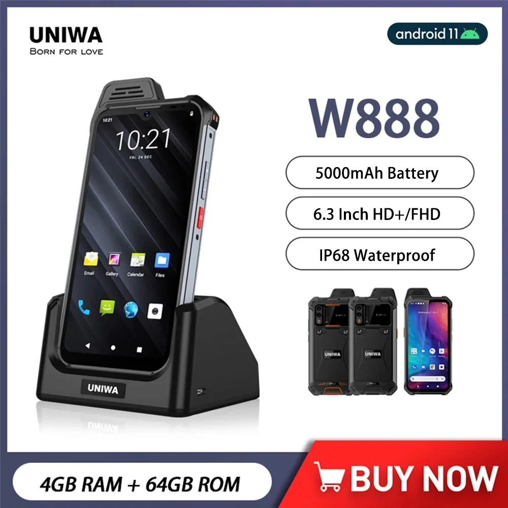 Uniwa-waterproof Walkie Talkie Smartphone W888 Ip68 4g 63 Fhd hd 4gb Mais 64gb Telemóveis 5000mah Andriod 11 Nfc Atex Telefone