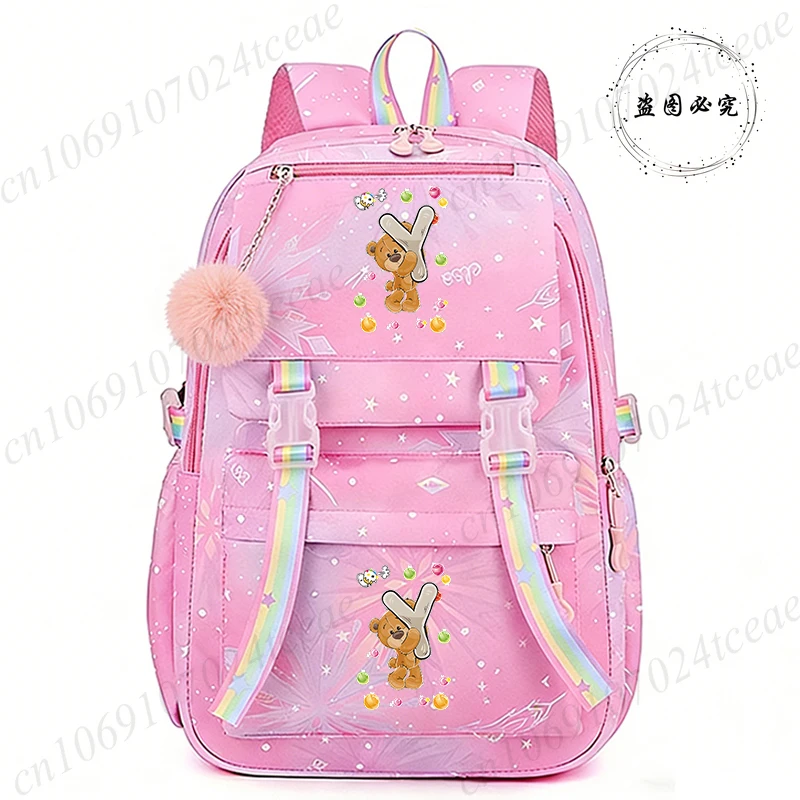 

Boys Girls Backpack School Bags Bear Alphabet A~Z Printed Bagpack Large Capacity Casual Bookbag Anime Cartoon Canvas Travel Bag