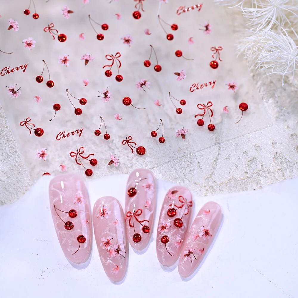 1Pcs 5D Glitter Jelly Red Cherry Nail Sticker Pink Cherry Blossoms Fruit Cherries Bow Nail Decals Summer Cute Manicure Decoratio 4