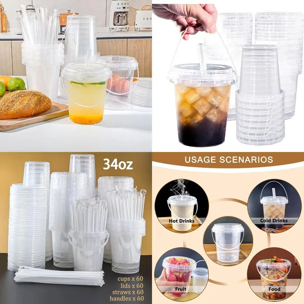 

60-Count Clear Plastic Cups with Lids & Straws, 34oz Disposable Drink Cups for Beverages and Takeout