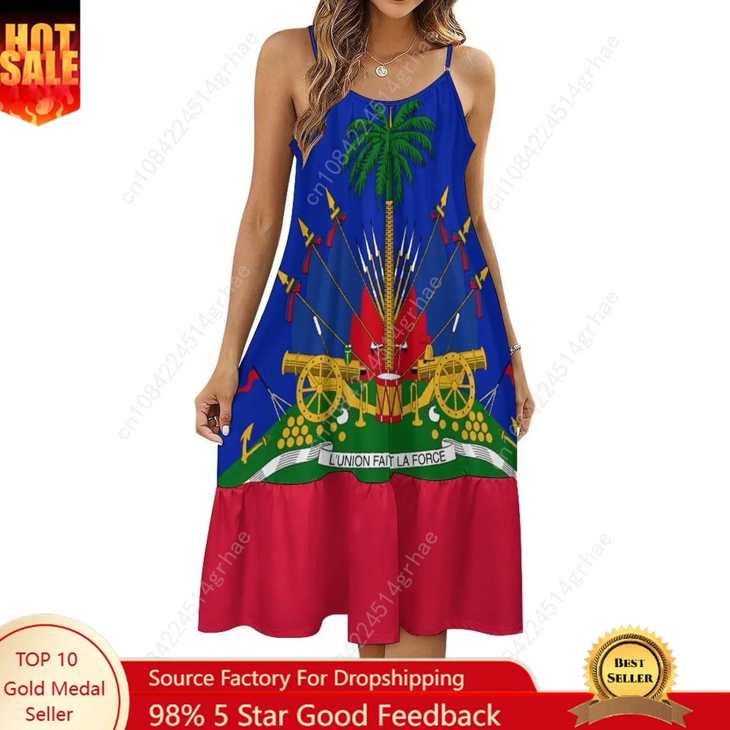

Haiti Flag Haitian Dress Women Sexy Long Suspender Dresses Halter Flared Dresses Casual Midi Dress