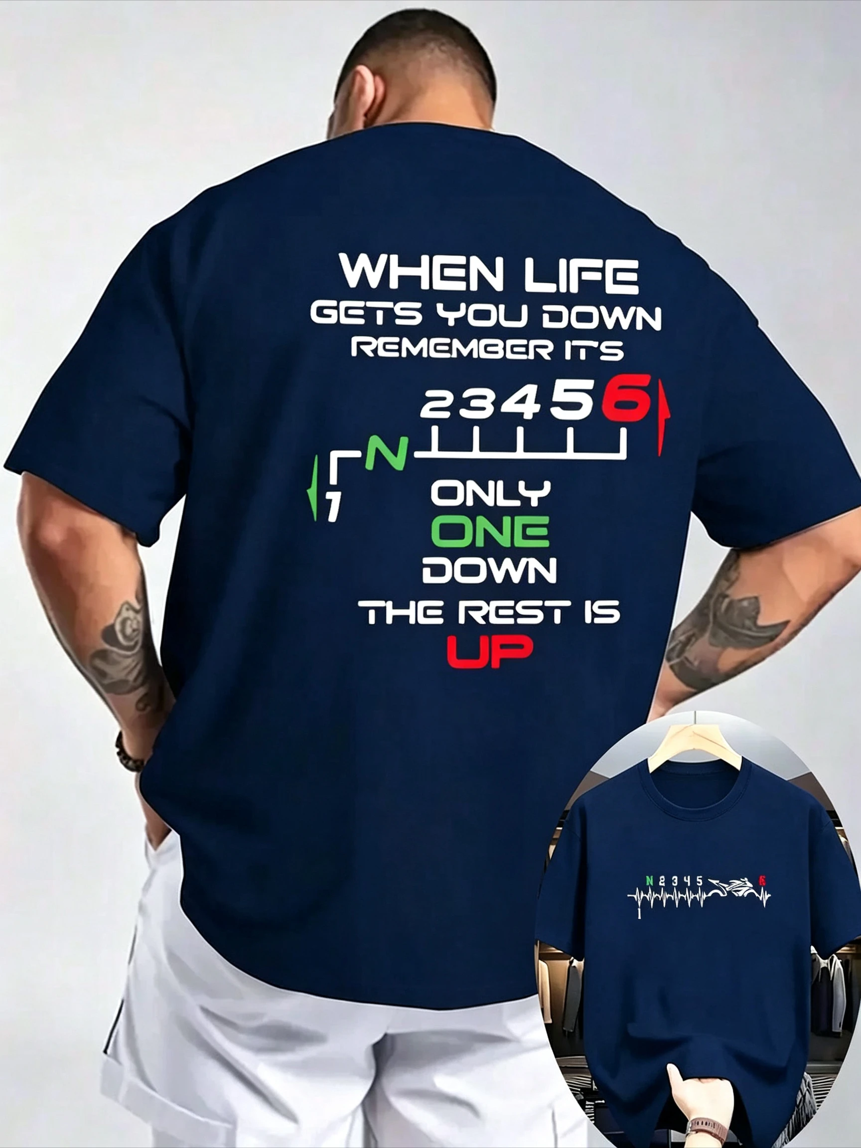 Men Oversized Motorcycle Shift Slogan T Shirt Back Print 1 Down 5 Up Short Sleeve Casual Biker Tee Street Fashion Top