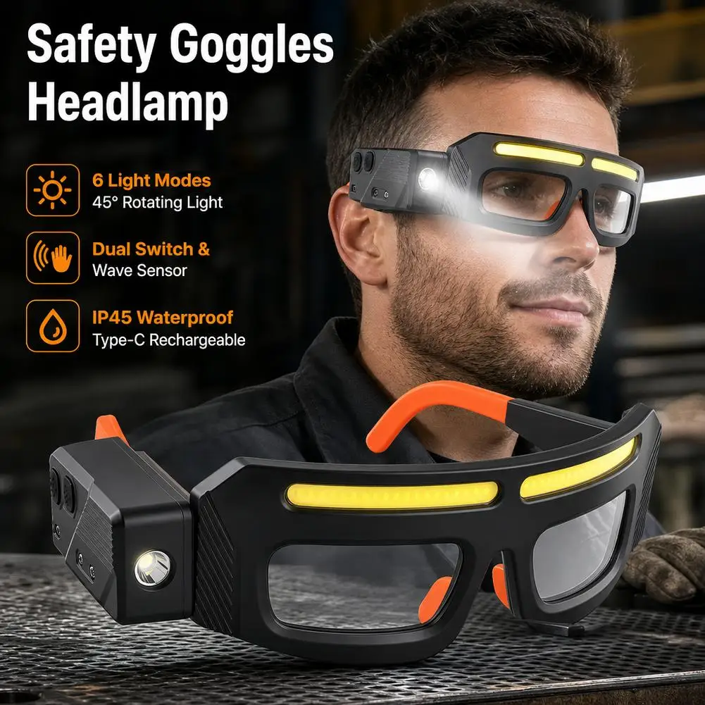 LED Safety Glasses with Rechargeable Light High Visibility Night Running Eyewear Cycling Sports Headlamp Protective Goggles