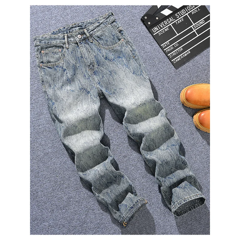 Свободные мужские джинсы прямого кроя, модный вышитый принт, модный уличный стиль, элитные ретро и крутые брюки Y2K.