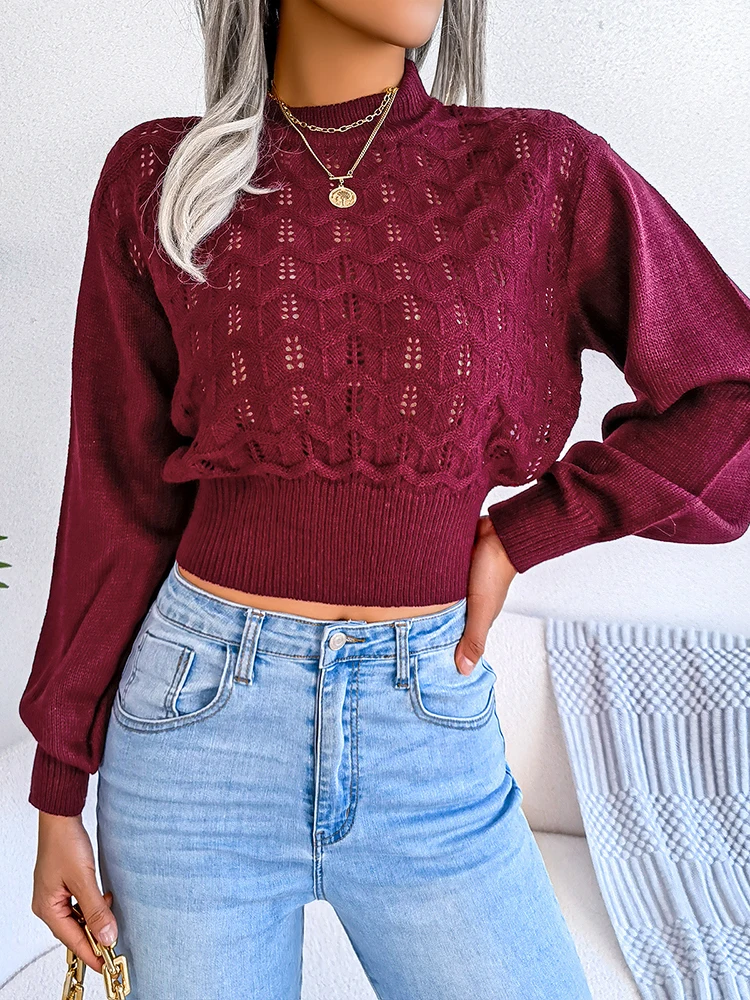 Autumn Winter Sexy Women\'s Sweater Fashion Knitted Long Sleeve Hollow Crop Top Casual Slim Sweaters Elegant Red Pullover 2023