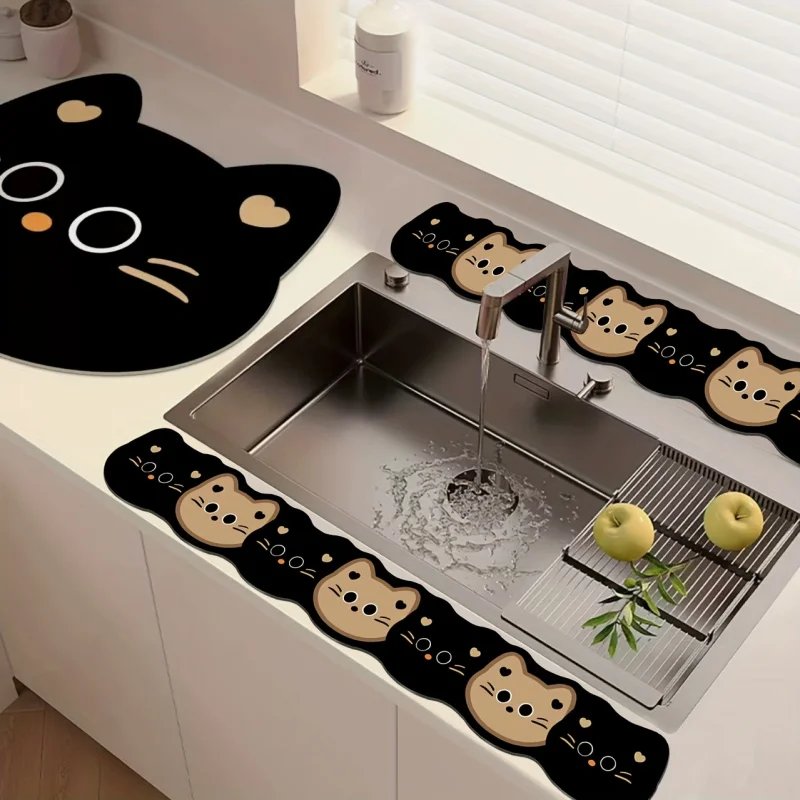 Image of VIKAMA 3-teiliges Set Cartoon-Spülbeckenmatten im niedlichen Stil, wasserabsorbierende Küchenarbeitsplattenmatten, spritzwassergeschützte und rutschfeste Tischmatten