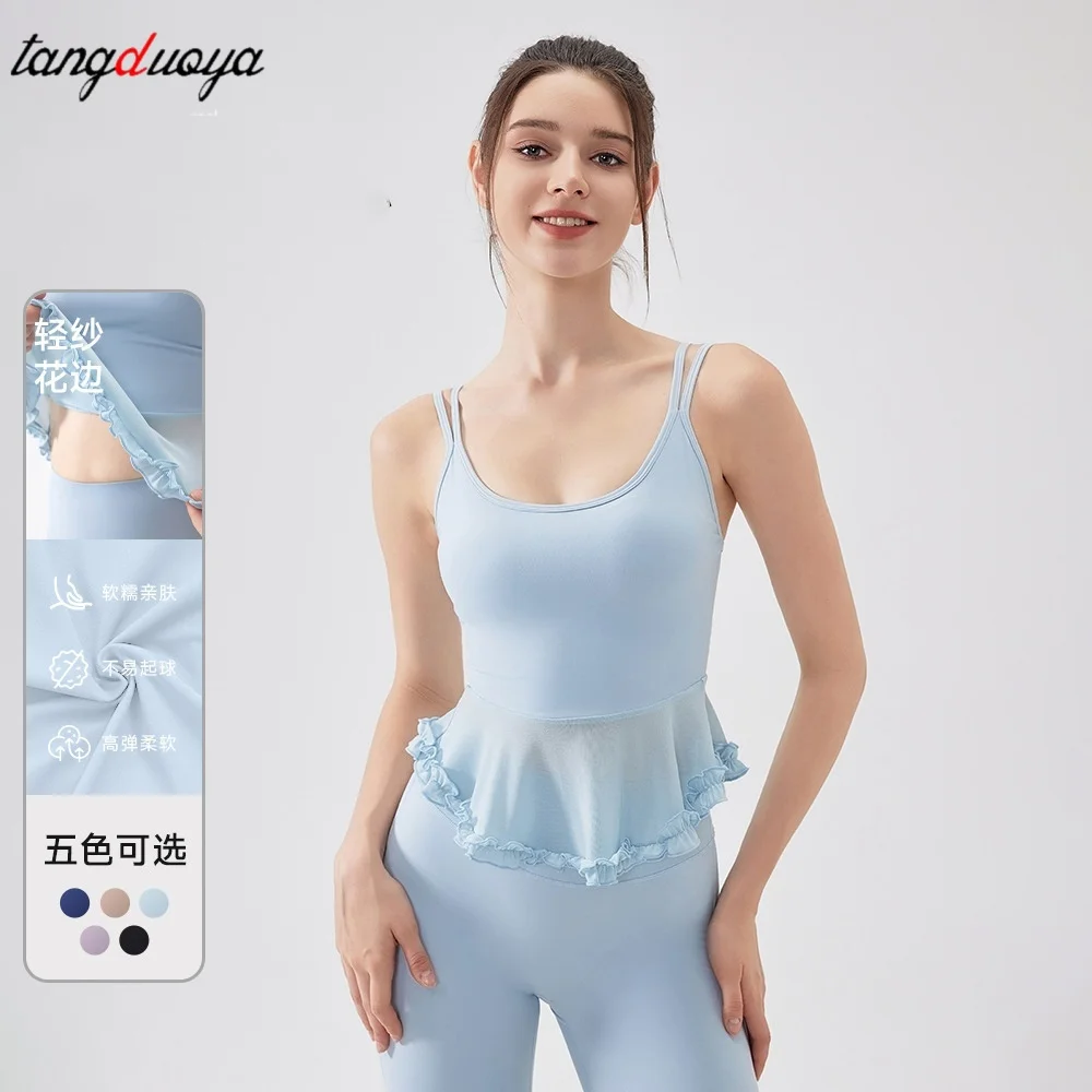 New Sexy Yoga Shirts for Women Sports Ruffled edge splicing Crop Tops Sleeveless Running Girl Shirt Gym Workout Fitness T-shirts