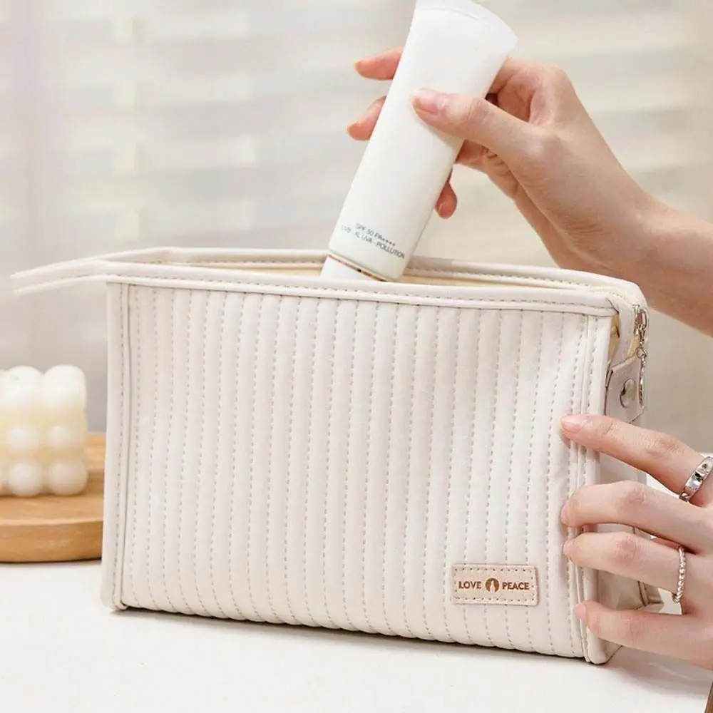 

Personality Toiletry Bag Wash Pouch Makeup Organizer Cream Color Zipper PU Cosmetic Bag Storage Bag Makeup Case Bath Storage