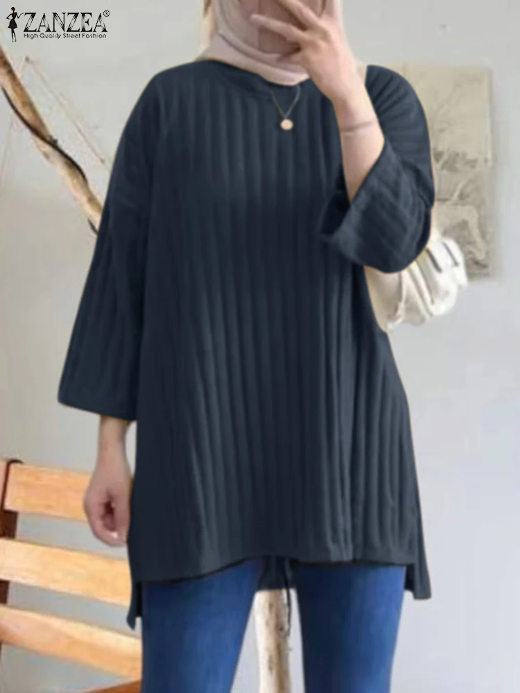 

ZANZEA Women Autumn O Neck 3/4 Sleeve Blouse Casual Loose Tops Solid Work Blusas Mujer Female Muslim Abaya Hijab Shirt Oversize