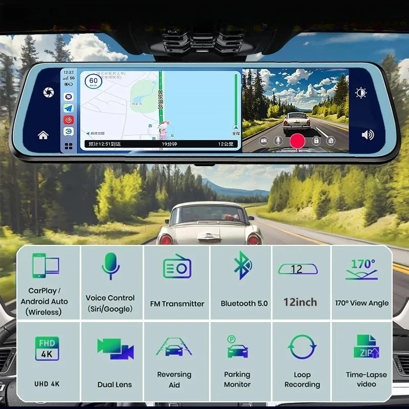 For 4K 12inch Dash Cam Carplay Android Auto Stream Rear View Mirror GPS Navi 5G WIFI Car DVR Video Camera r FM Transmitter