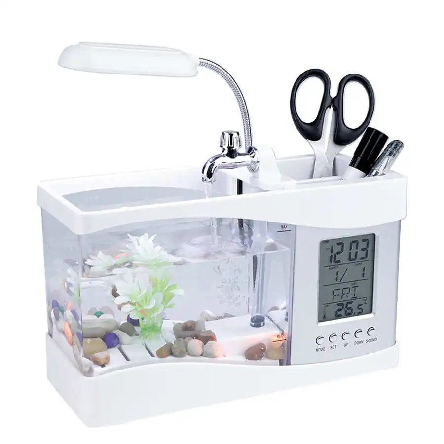 USB Rechargeable Mini Desktop Aquarium with LED & LCD Clock - Image 3