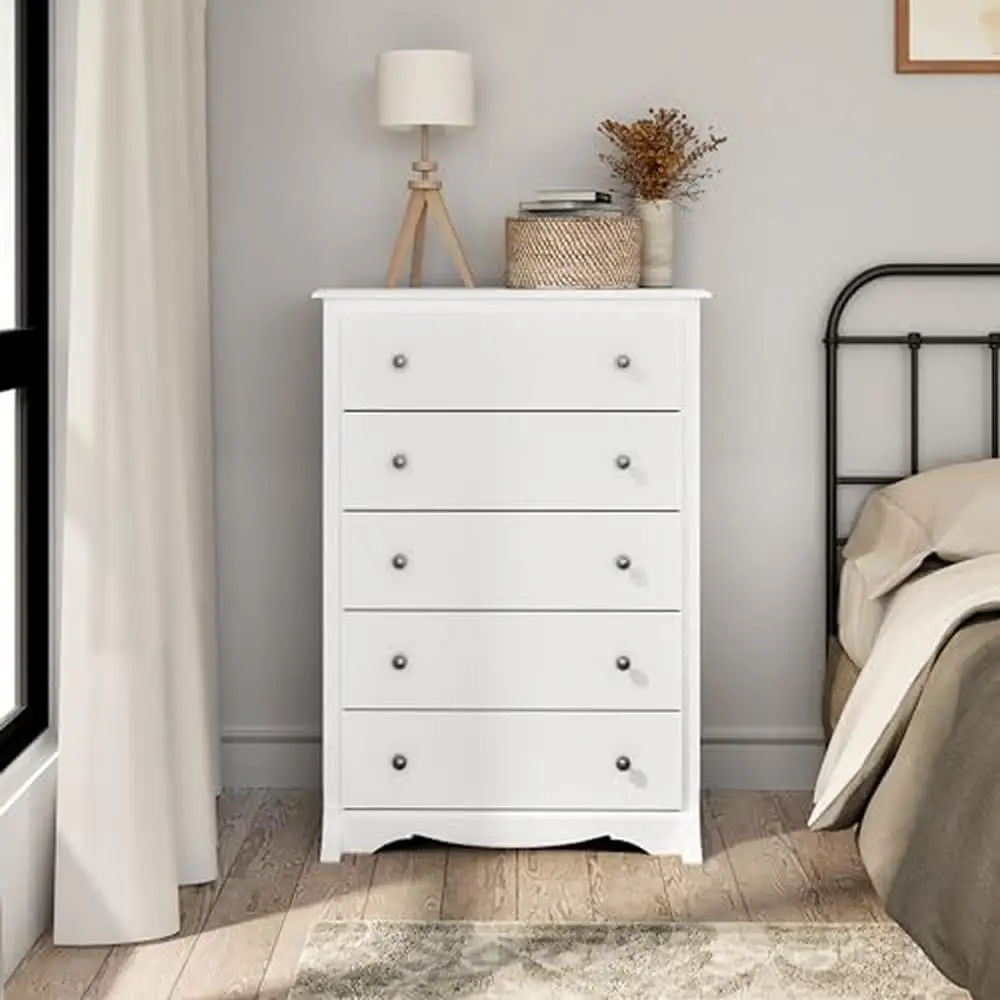 Cómoda de madera de 5 cajones con amplio almacenamiento, elegante y espacioso, para dormitorio o sala de estar, acabado blanco