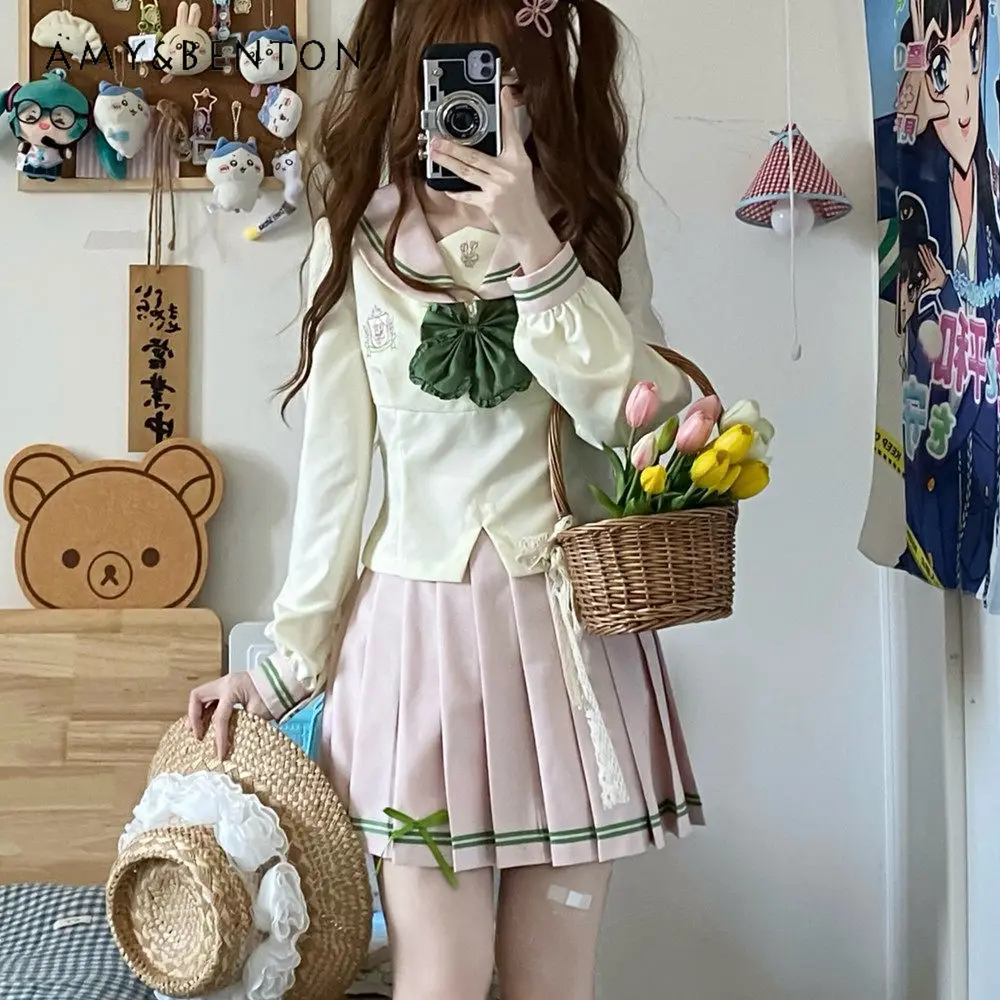 

Летний комплект в японском стиле для девочек-подростков: топ с вышивкой и бантом, короткий рукав, розовая плиссированная юбка, форма морячки JK