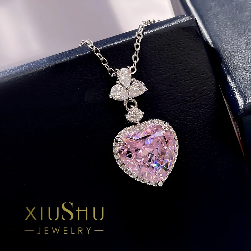 

Explosive Sparkling Cherry Blossom Pink Diamond Necklace Pendant Light Luxury High Grade Heart Shaped High Carbon Diamond