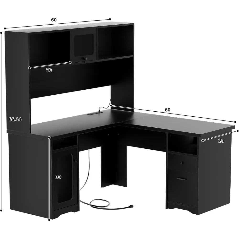 L Shaped Office Desk with Hutch, 60 Inch Computer Desk with Power Outlet and LED Lights, Large Modern Corner Desk