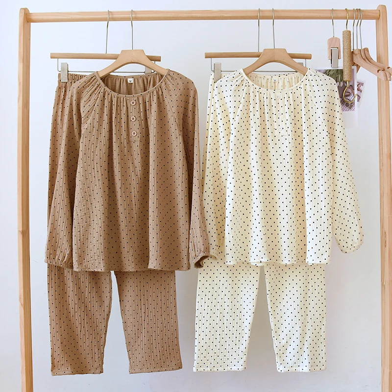 

New Cotton Pajamas Set Spring Autumn Sleepwear Crepe Pyjama Loungewear Breathable Sweat-absorbing Home Clothes Suit Women Pijama