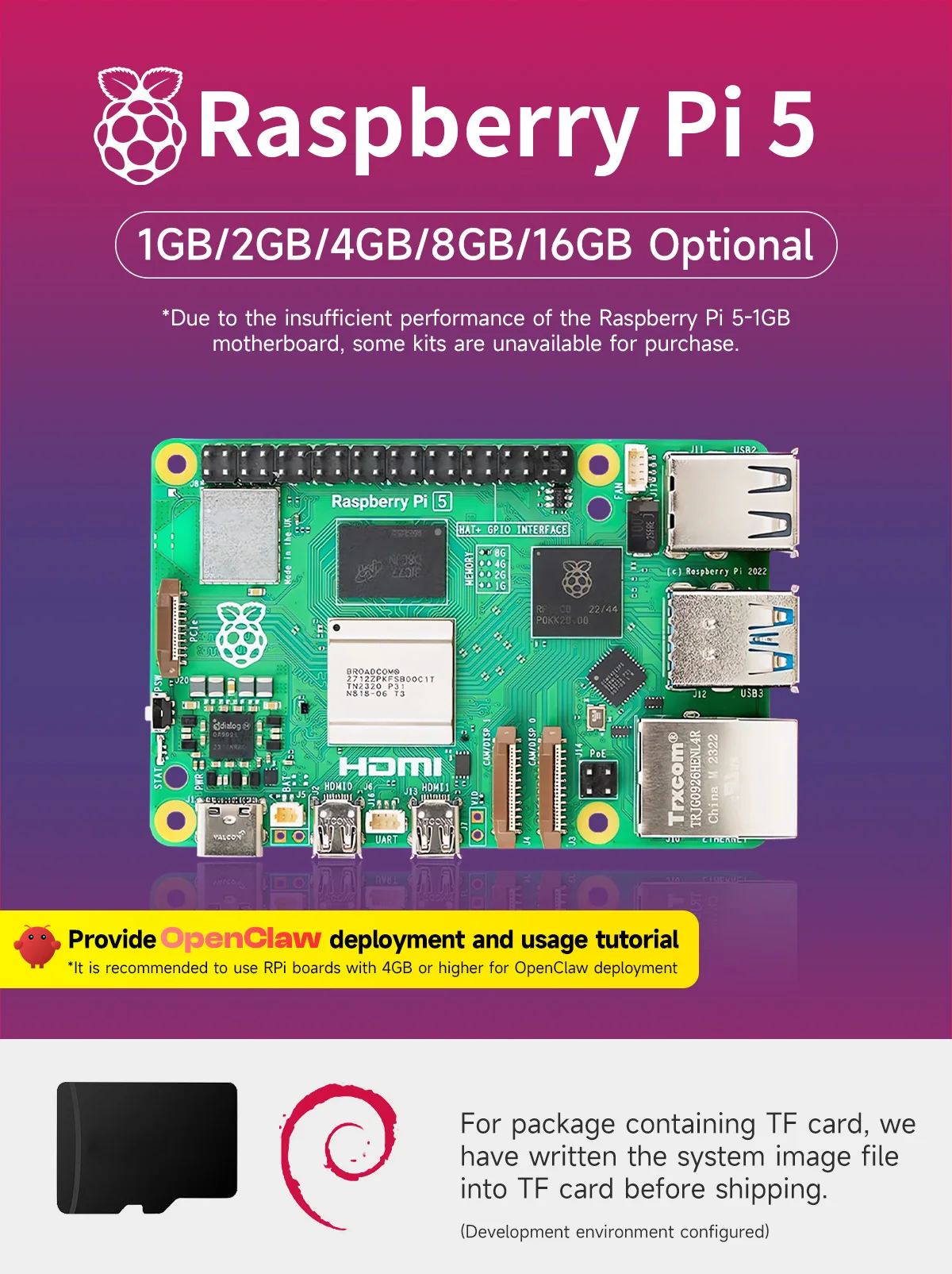 Original Raspberry Pi 5 1G 2G 4G 8G 16G RAM Entwicklungsboard KI Großes Sprachmodell-Kit Gehäuse Lüfter Netzteil Zubehör – Detail 1