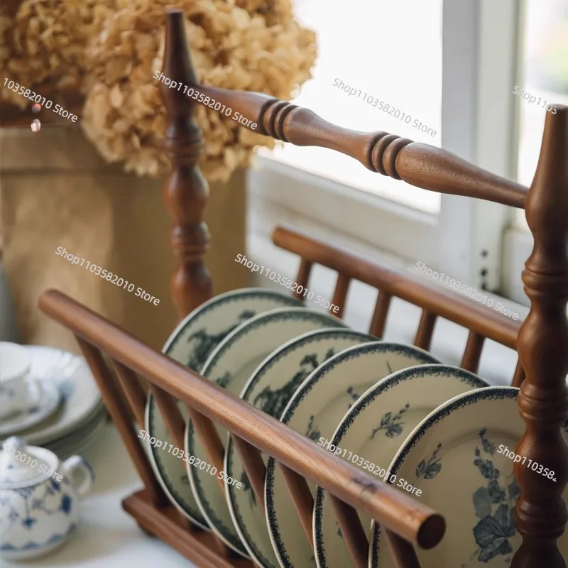 Victoria Solid Wood Plate Storage Rack, French Retro Book Shelf Drain Basket Shooting Prop Ornament