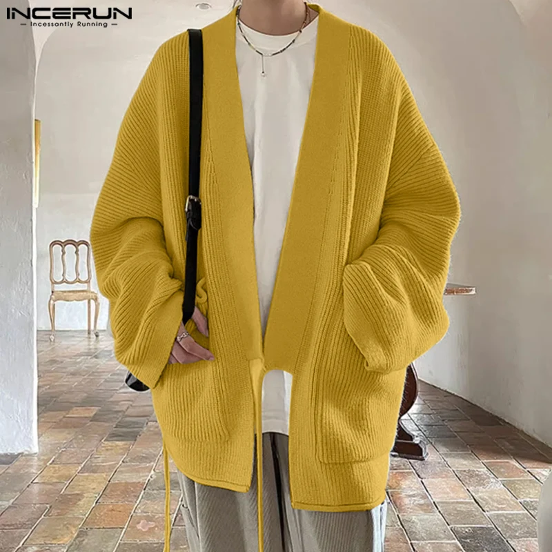 INCERUN Men's Sweater Cardigans Solid Long Sleeve Knitted Cardigans Lace Up Pocket Streetwear Male Loose Kimono Tops S-5XL
