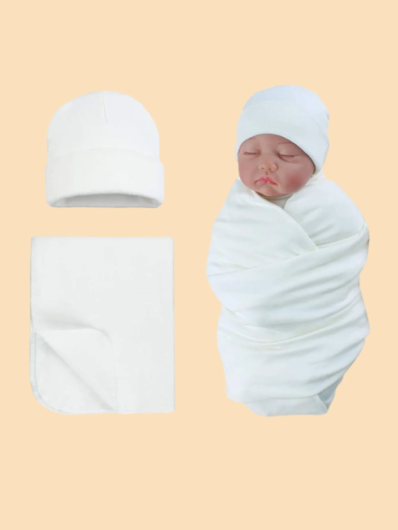 Unisex Soft Girls Boys Blanket Sublimation Blank Solid White Baby Swaddle Wrap Blanket And Matching Hat Set For Baby Shower Gift