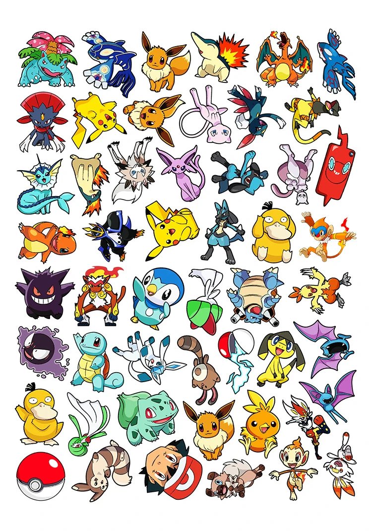 50pcs Anime Cute Psyduck Pikachu Eevee Pokemon Kids Stickers