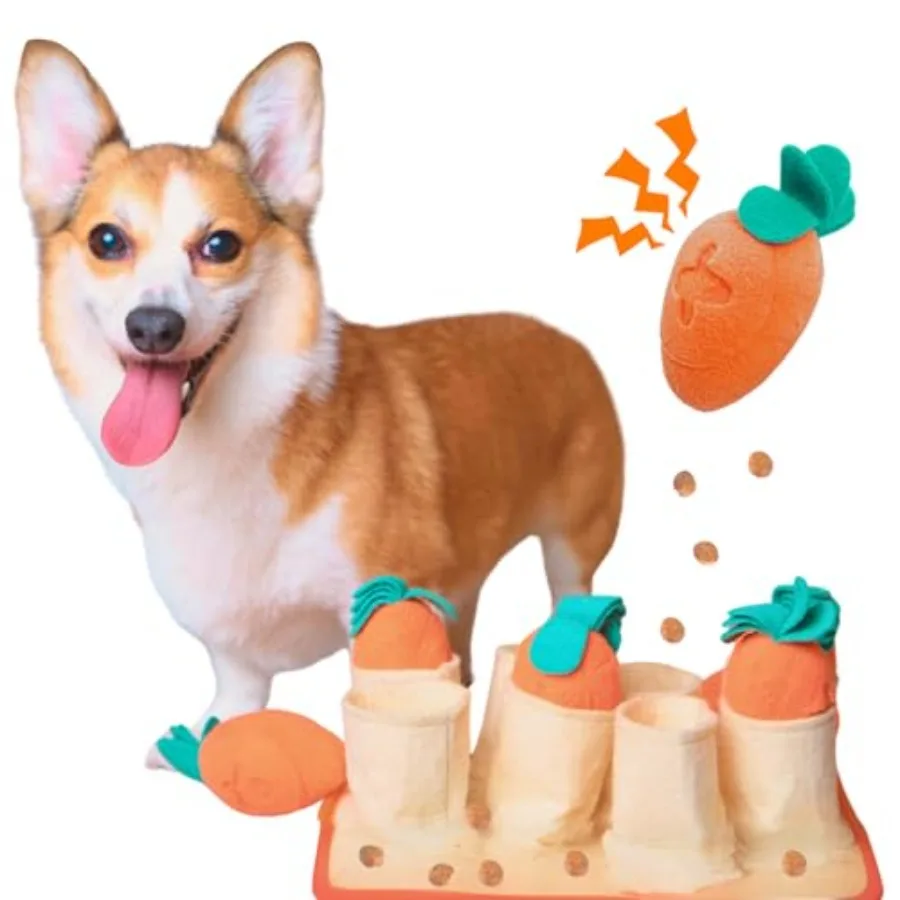 

Interactive Treat Puzzle Rug for Small and Medium Dogs Slow Feeder Mat with Squeaky Carrots 20-40 Mins Self-Entertainment Toy E