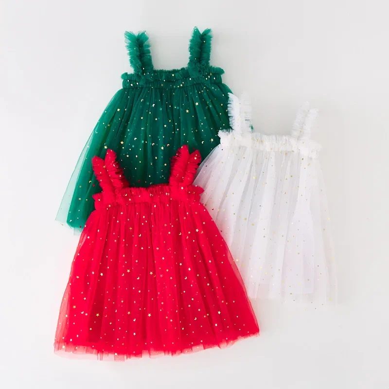 Meninas Tule Princesa Sling Dress, Toddler Stars Sequin Puffy Dress, Crianças Xmas Day, Vestidos de festa festivos, Fofos, 2024