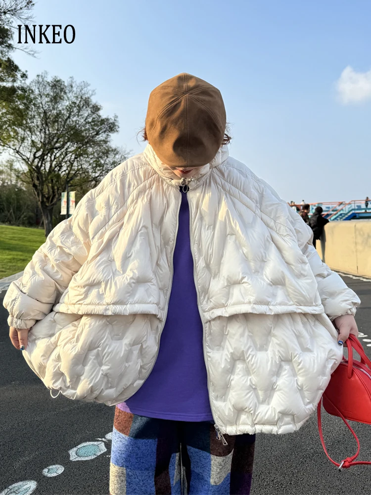 Luxury Oversize down jacket with hooded Women's 2025 Fall winter Casual Batwing sleeve puffer coat Warm Outerwear INKEO DJ514