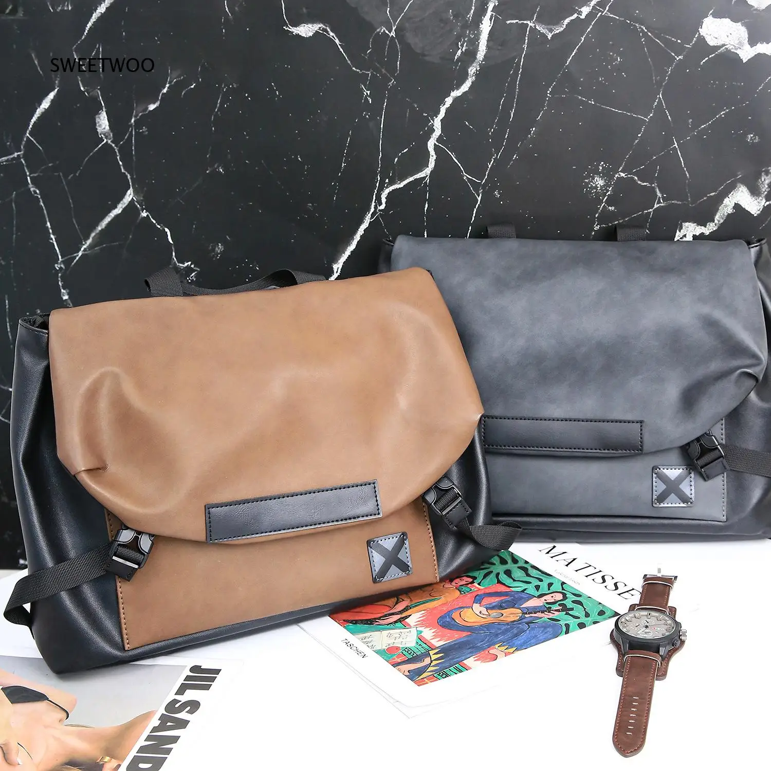 Men Gray Color Block Faux Leather Messenger Bag Casual Flap Crossbody Shoulder Bag Minimalist Laptop Work Bag