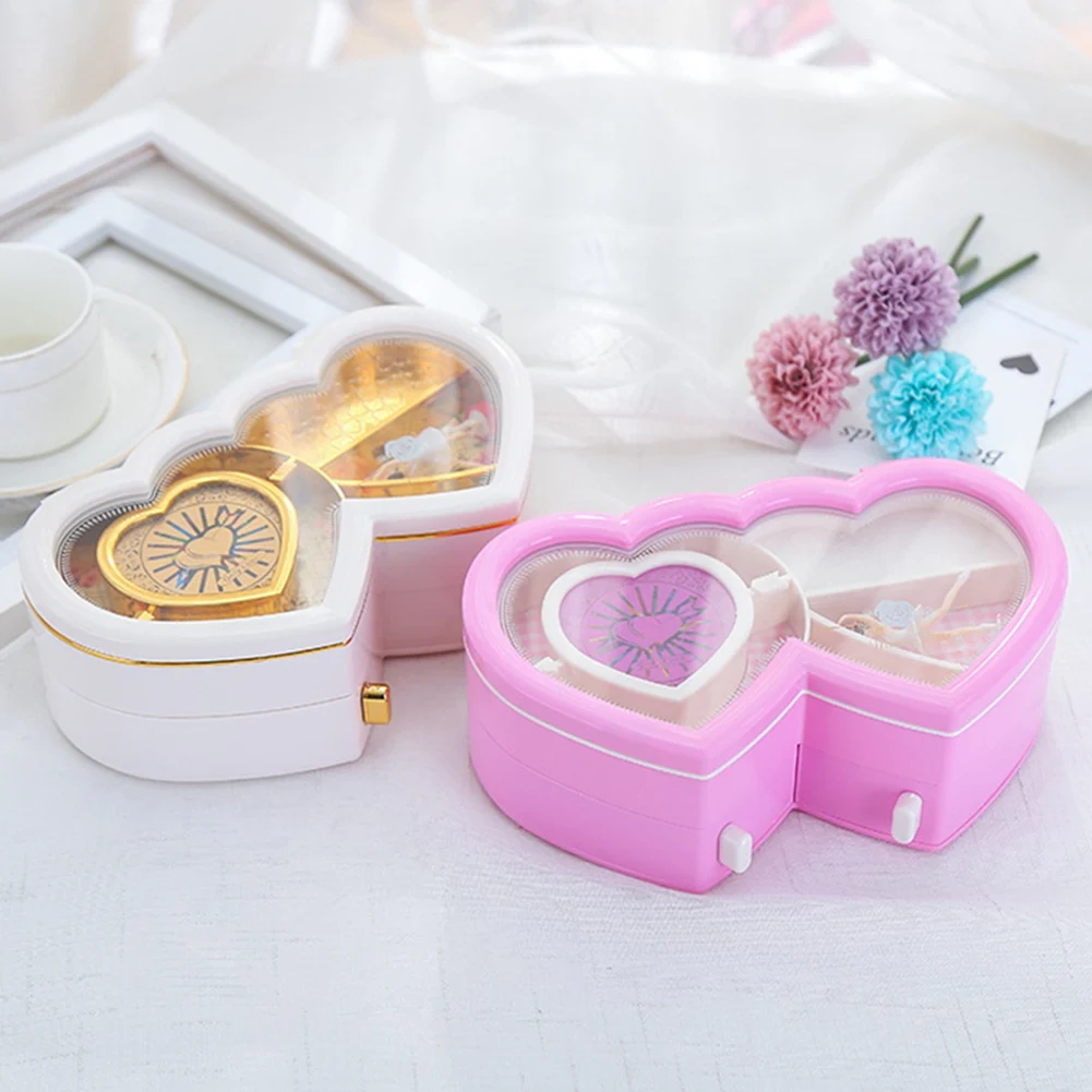 White Valentine Ballerina Music Box Double Heart Shape Rotating Removable Dancing Figurine Jewelry Box