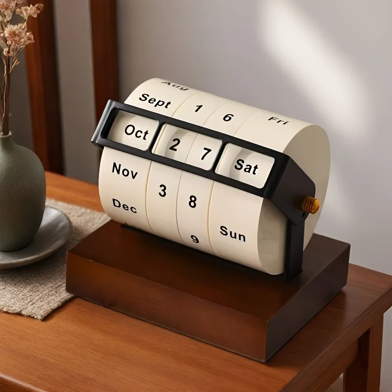 Retro Flip Calendar Figurine Wooden Base Perfect for Desktop Decor Office Study Room Creative Clock Practical Decorative Item