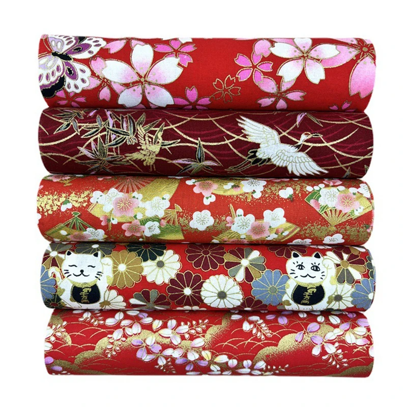 5 Styles Japanese Kimono Cotton Fabric Chinese Vintage Red Woven Cotton Fabric DIY Patchwork Handmade Home Textile Material