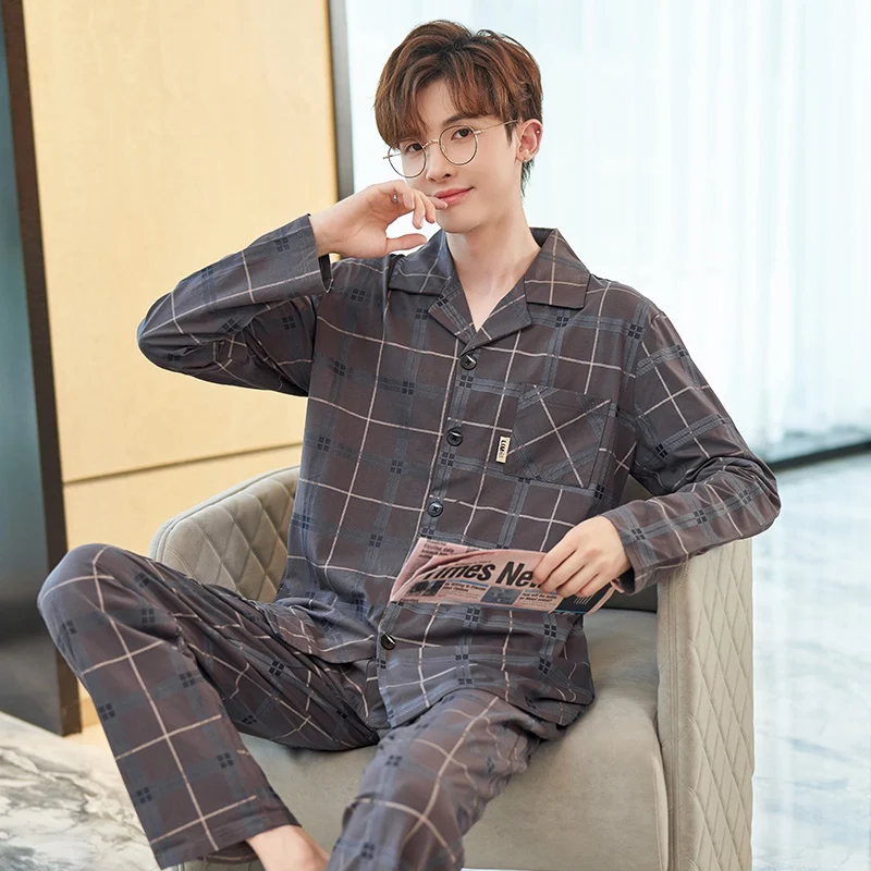 2024 Spring Long Sleeve Casual Plaid 100% Cotton Pajama Sets for Men Korean Loose Sleepwear Pyjama Male Homewear Clothes Outfits