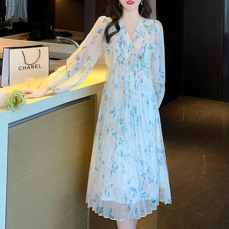 

Vestidos Elegantes Para Mujer 2022 Dress for Women Kleider Damen Long Sleeve Chiffon Flower Dress High Waist Lantern Sleeve