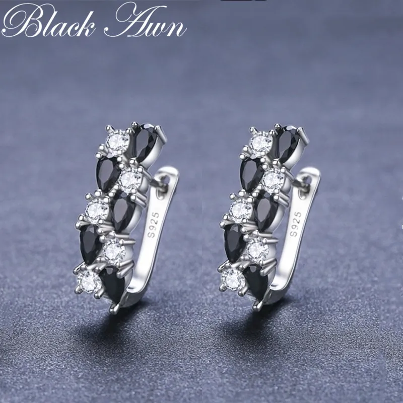 Black Awn 2026 Classic Silver Color Jewelry Black Spinel Stone Cute Stud Earrings for Women Bijoux Femme Boucles d\'oreilles I228