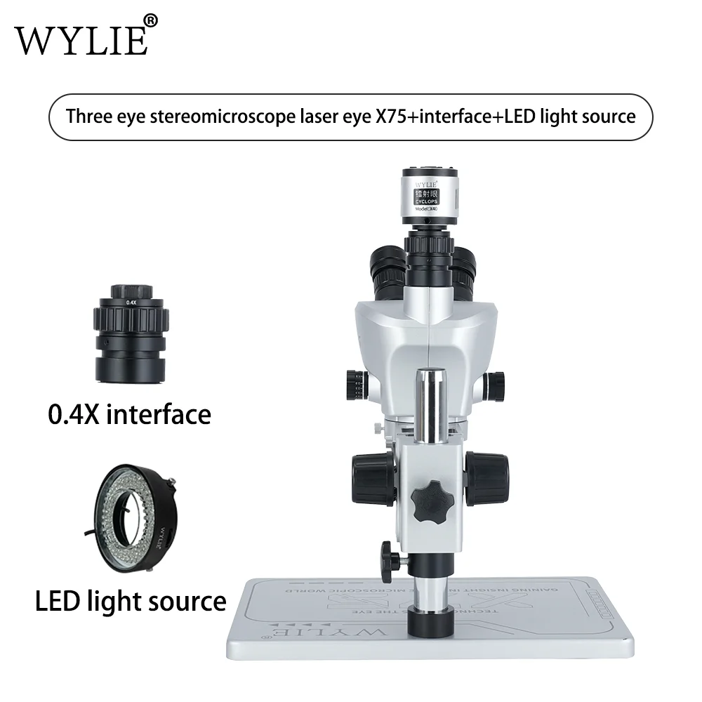 WYLIE X75 Trinocular Stereo Microscope 0.75-7.5X Continuous Zoom 0.4X Adapter LED Ring Light For Phone PCB Soldering Repair