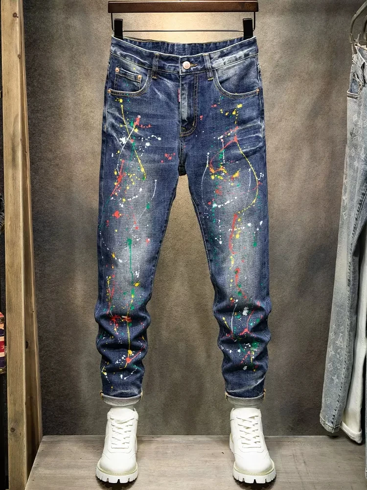 Street Fashion Men Jeans Retro Blue Stretch Slim Ripped Jeans Men Vintage Trousers Painted Designer Hip Hop Denim Pants Hombre