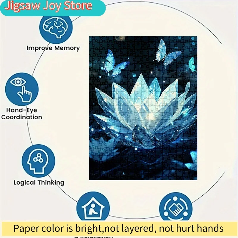 

Пазл с изображением цветка лотоса в успокаивающих синих тонах - картонная головоломка из более 300 деталей для взрослых, улучшает память, концентрацию и творческие способности.