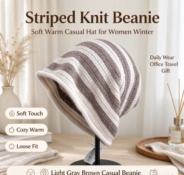 Womens Rabbit Hair Blend Striped Slouchy Beanie Soft Warm Fuzzy Knit Winter Hat Casual Skull Cap for Ladies Daily Outdoor Wear