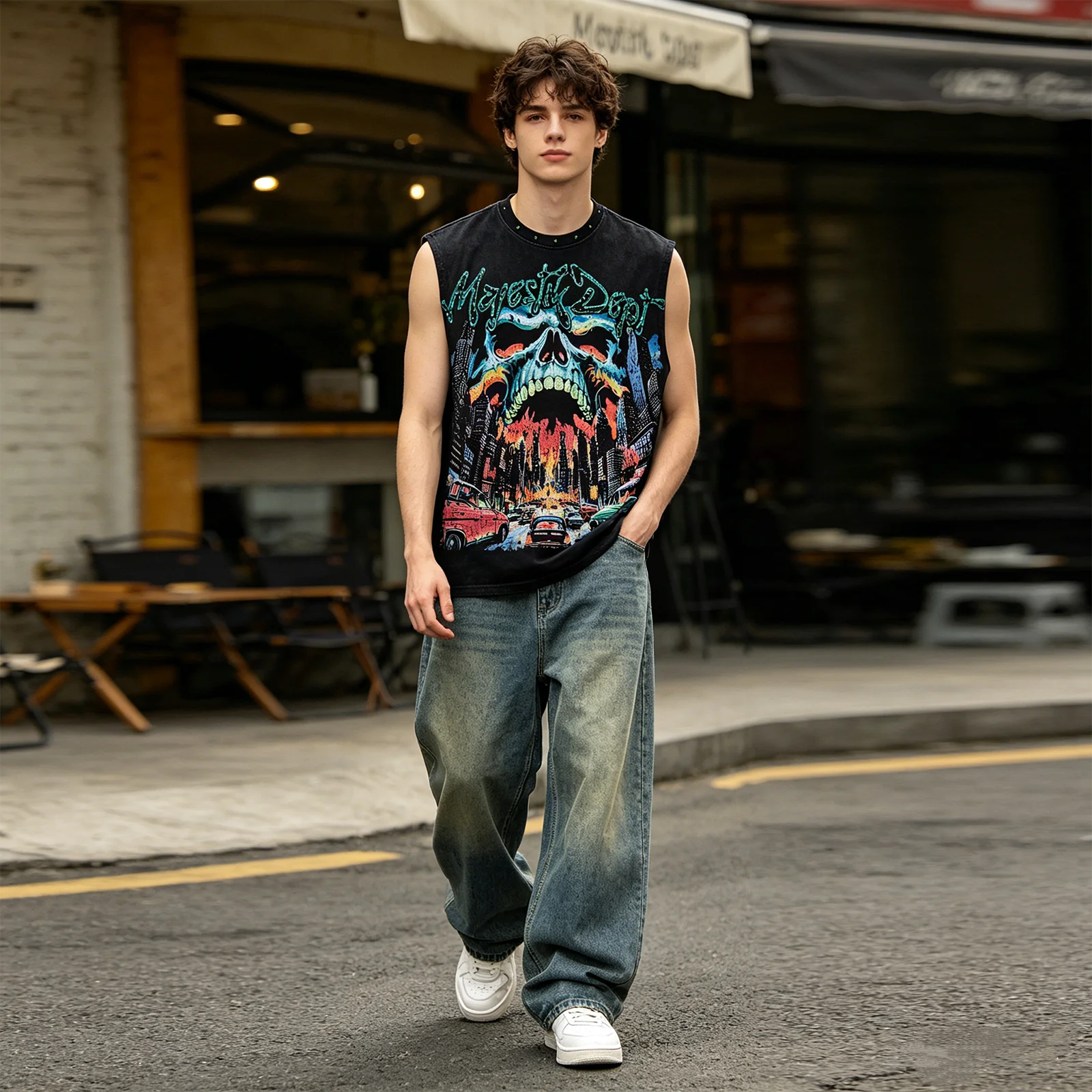 Summer Men's Washed Tank Top Funny Skull Rhinestone Sleeveless Graphic Tee Oversized Vintage Streetwear Cotton Vest Black