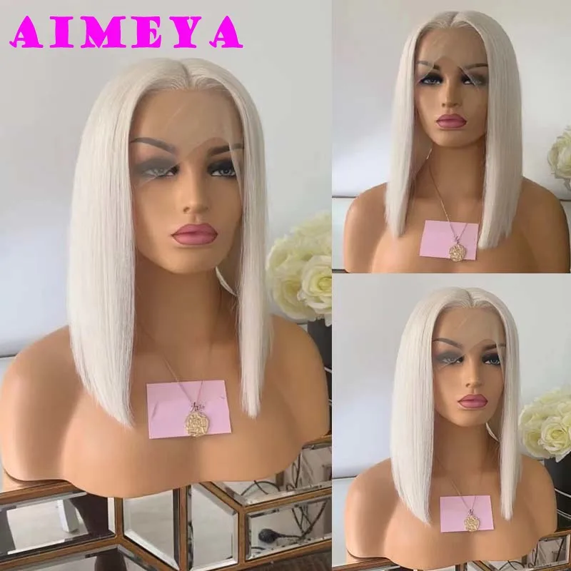 AIMEYA Platinum Blonde Bob Peruka dla kobiet Żaroodporne włosy syntetyczne Naturalna linia włosów Krótki prosty Bob Koronkowa peruka na przód