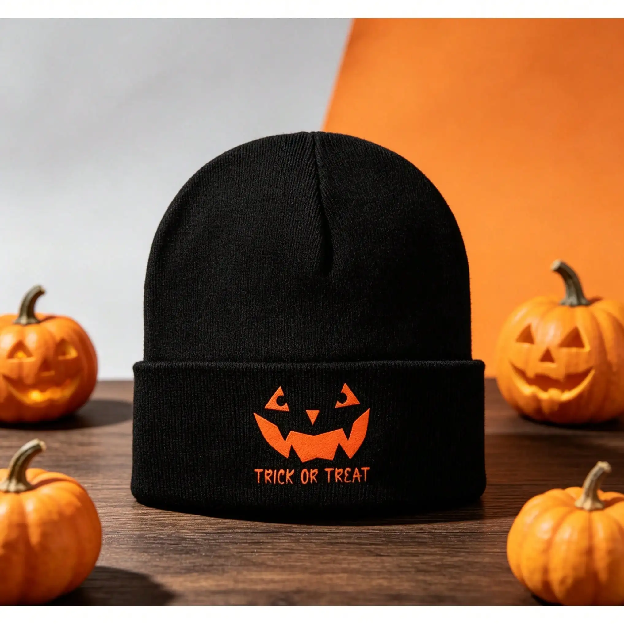 Trick Or Trcat Halloween-Themed Outdoor Casual Sports Men's Beanie Hat, Orange Pattern Design In Hip-Hop Horror Retro Fashionable Style Local Delivery