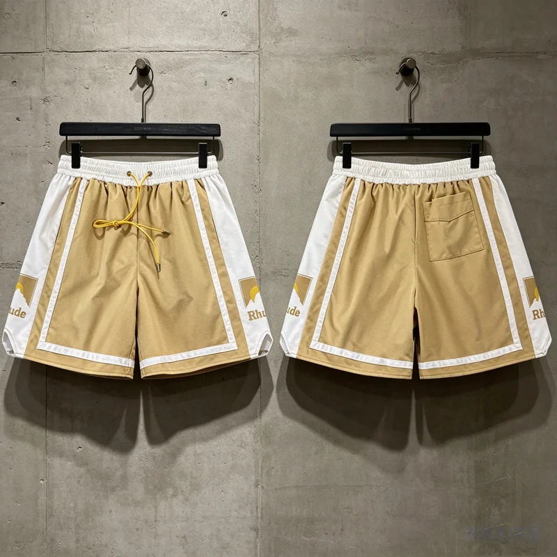 

Side Sunset Print Mesh RHUDE Shorts Men Women Splice Color Trapezoid Stripe Loose Drawstring Shortpants Beach Loose Breeches