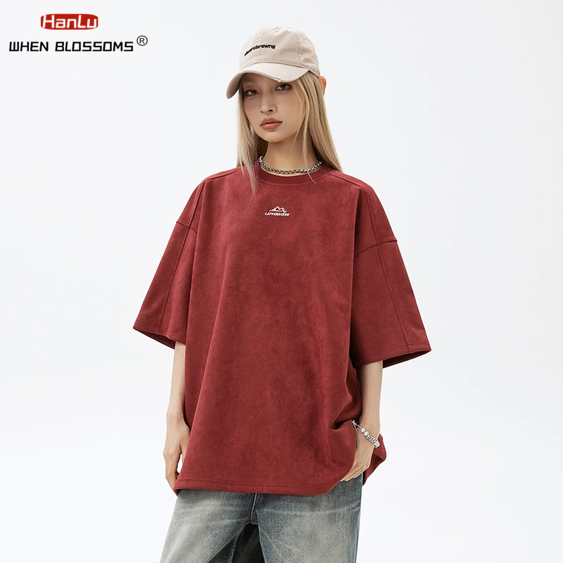 2024 Men Suede Short Sleeved T-shirt Men Women\'s Summer Oversized Tops Embroidered Trendy T-shirt Couple Streetwear Red Tees