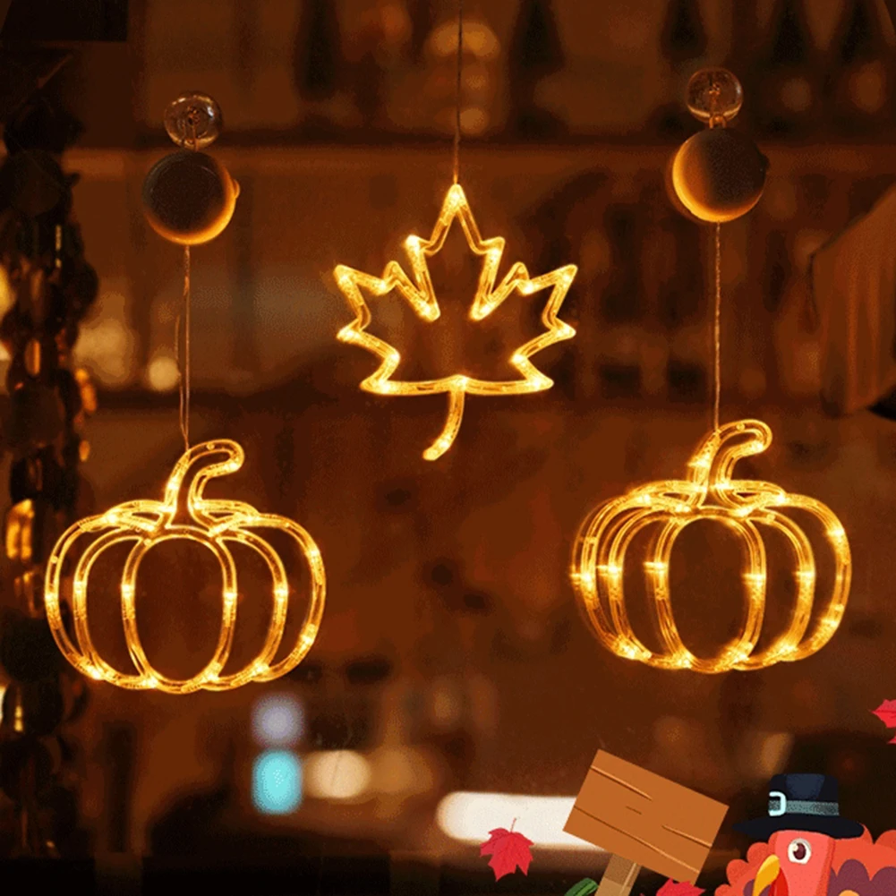 

Fall Decorative Window Lights Thanksgiv Party Decor Pumpkin Flag Maple Leaf LED Hanging Ornaments Fall Harvest Party Supplies