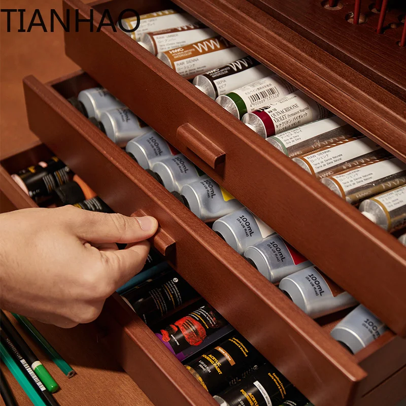 Large Multifunctional Solid Wood Artist Storage Box with Drawers for Organizing Pastels, Pencils, Pens, Brushes, and Stamps